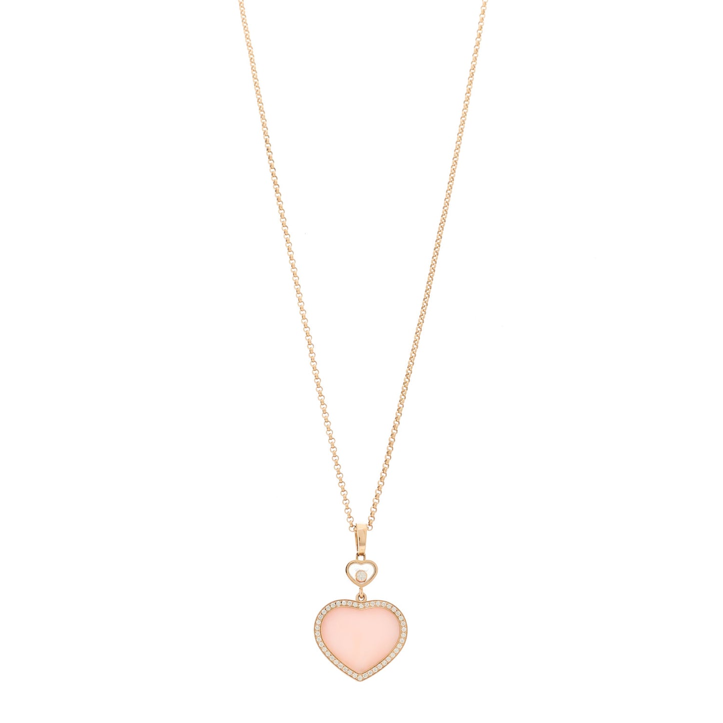18K Rose Gold Diamond Pink Opal Happy Hearts Pave Pendant Necklace