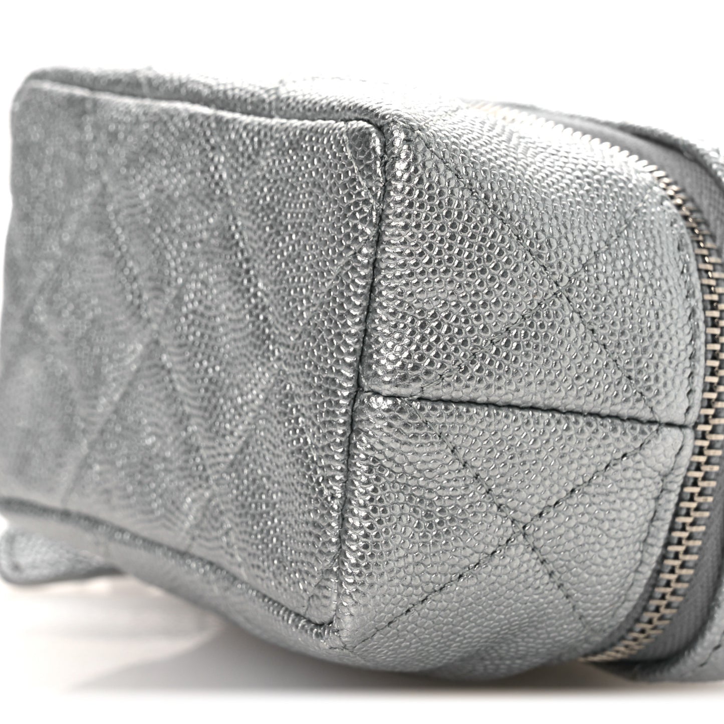 Metallic Caviar Quilted Mini Top Handle Vanity With Chain Silver