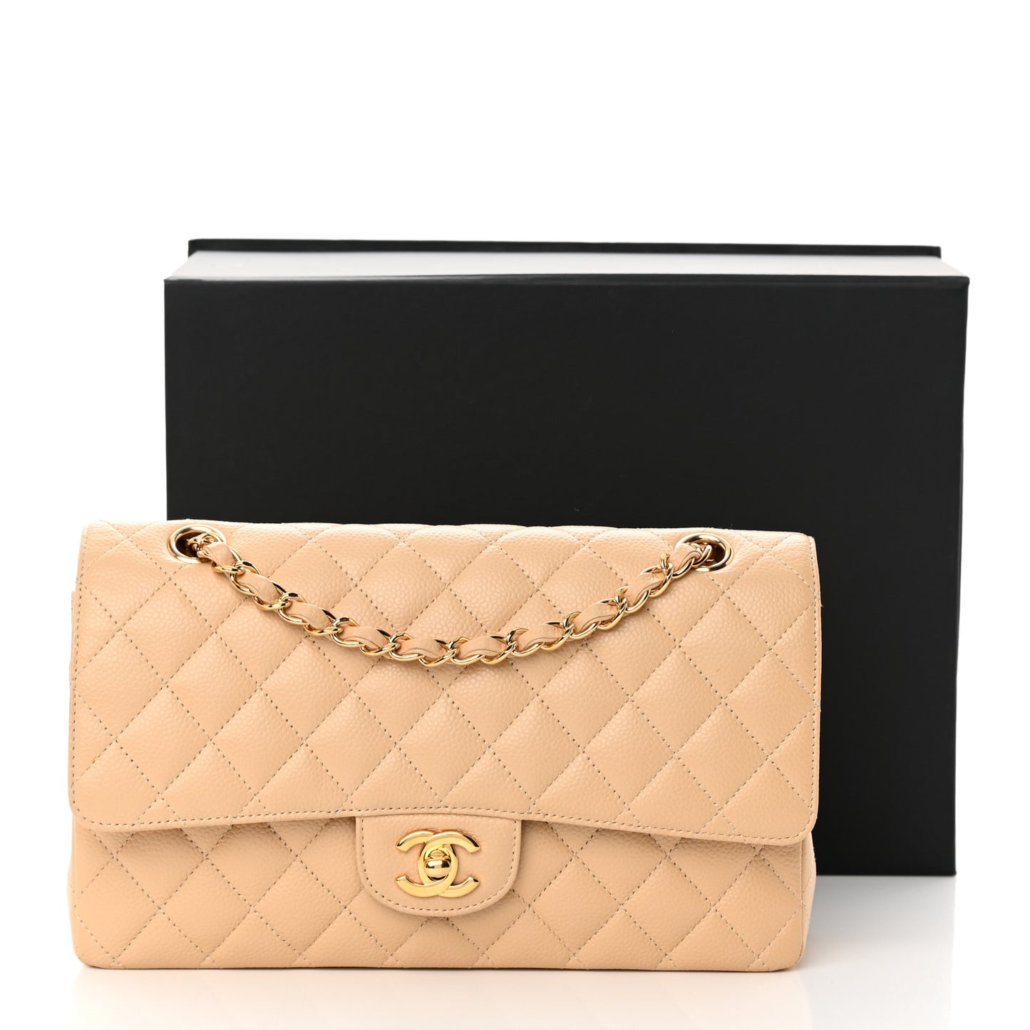 Caviar Quilted Medium Double Flap Beige
