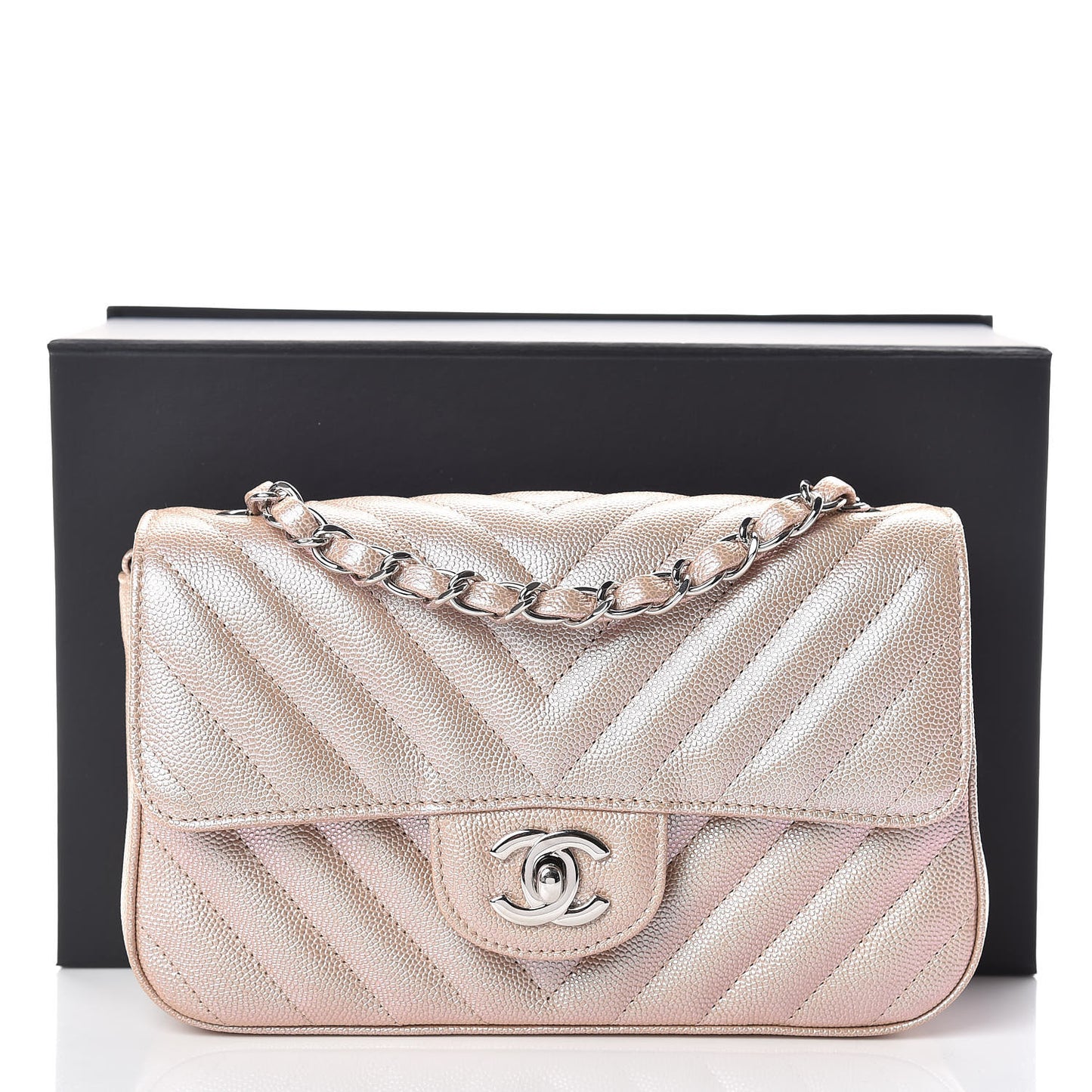 Iridescent Caviar Chevron Quilted Mini Rectangular Flap Light Gold