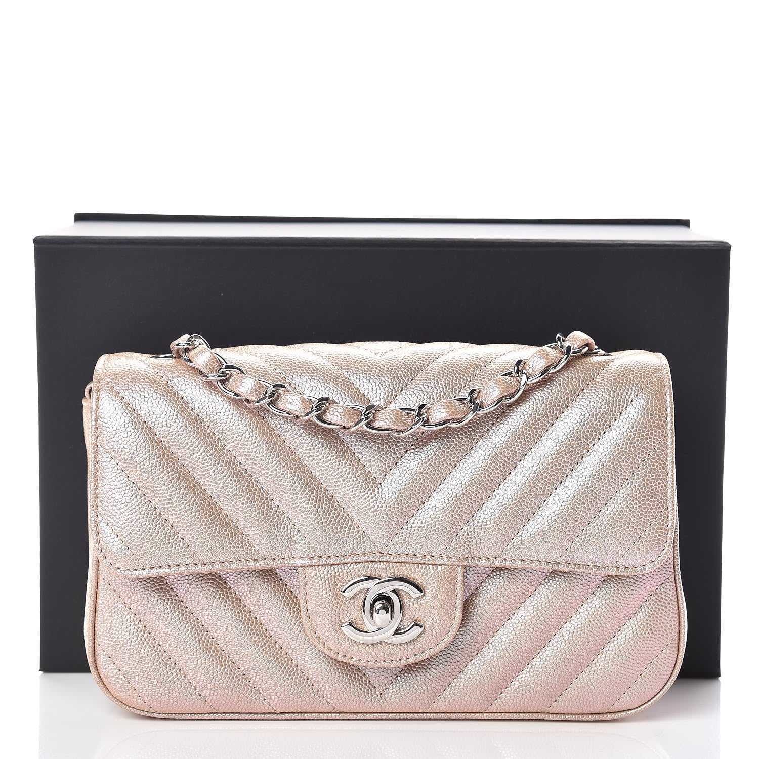 Chanel Iridescent Caviar Chevron Quilted Mini Rectangular Flap Light Gold 10 of 10