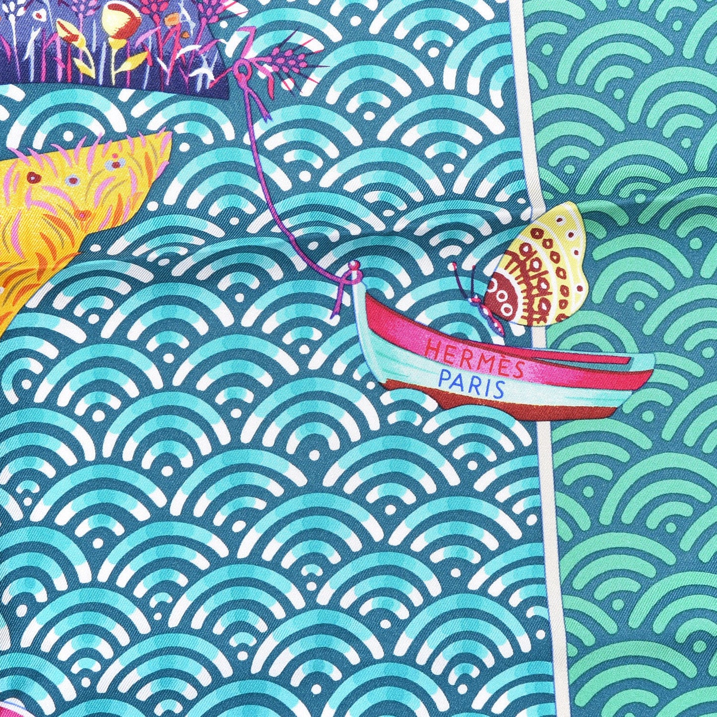 Silk Bateau Fleuri Scarf 90 Vert Canard Jaune