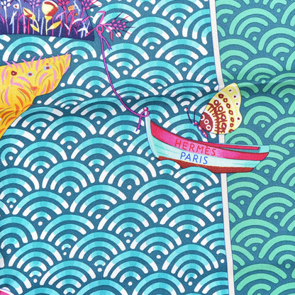 Hermes Silk Bateau Fleuri Scarf 90 Vert Canard Jaune 3 of 6