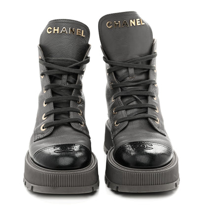 Chanel Calfskin CC Lace Up Combat Boots 39 Gray 3 of 9