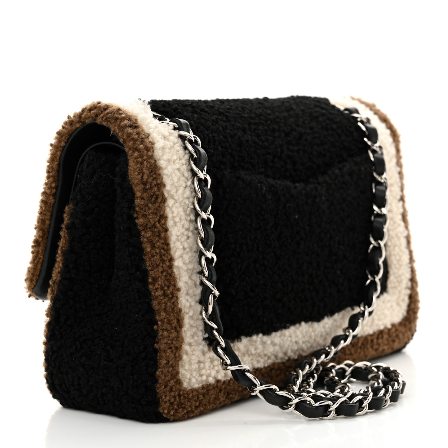Lambskin Shearling Medium Double Flap Black Brown