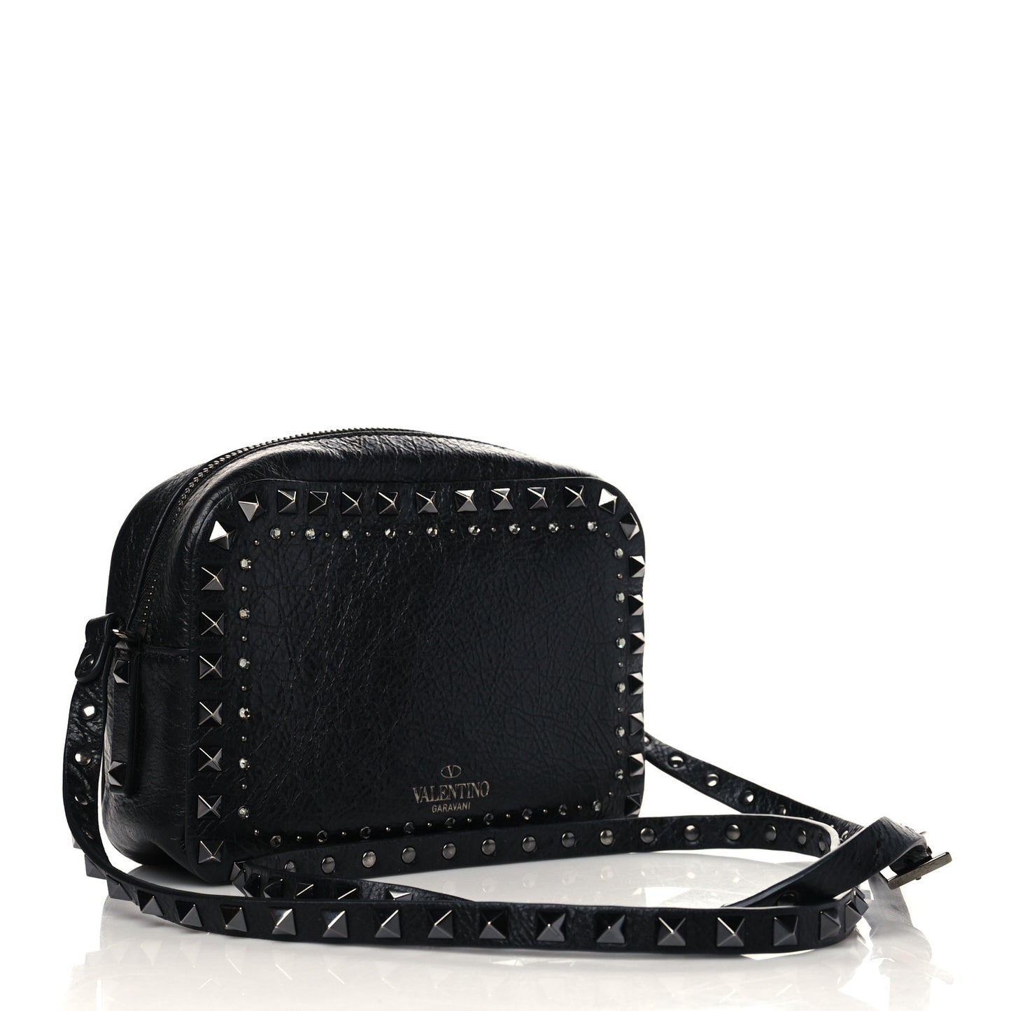 Craquele Nappa Rockstud Crystal Punk Heart Camera Crossbody Bag Black