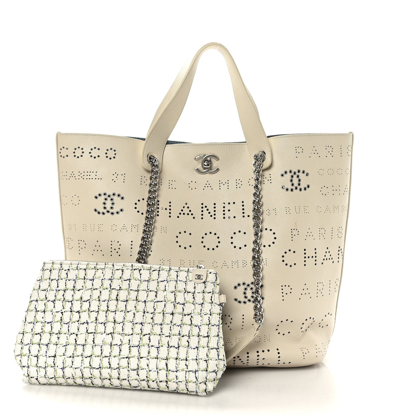 Calfskin Tweed Small Logo Eyelets Shopping Tote Beige