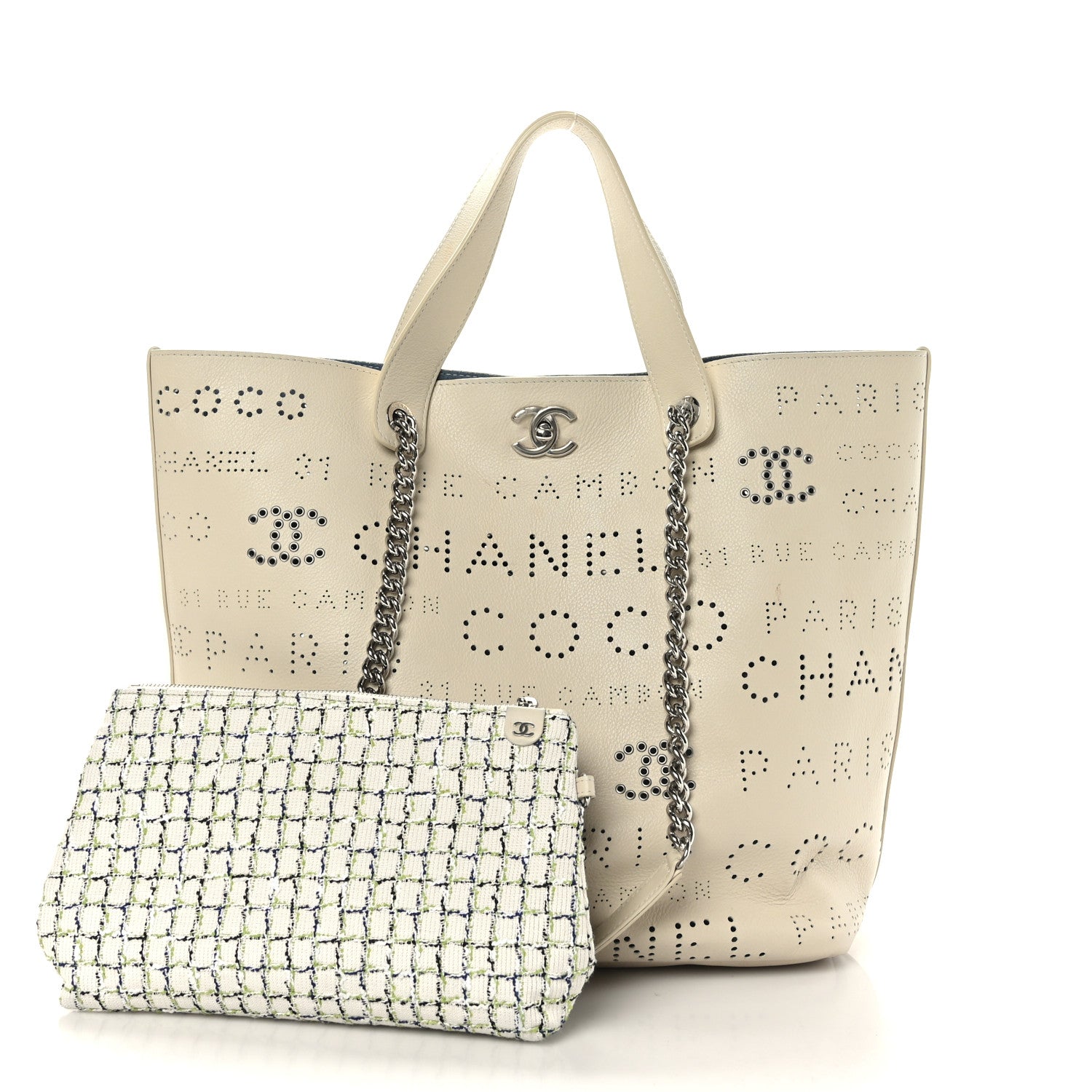 Chanel Calfskin Tweed Small Logo Eyelets Shopping Tote Beige 1 of 12