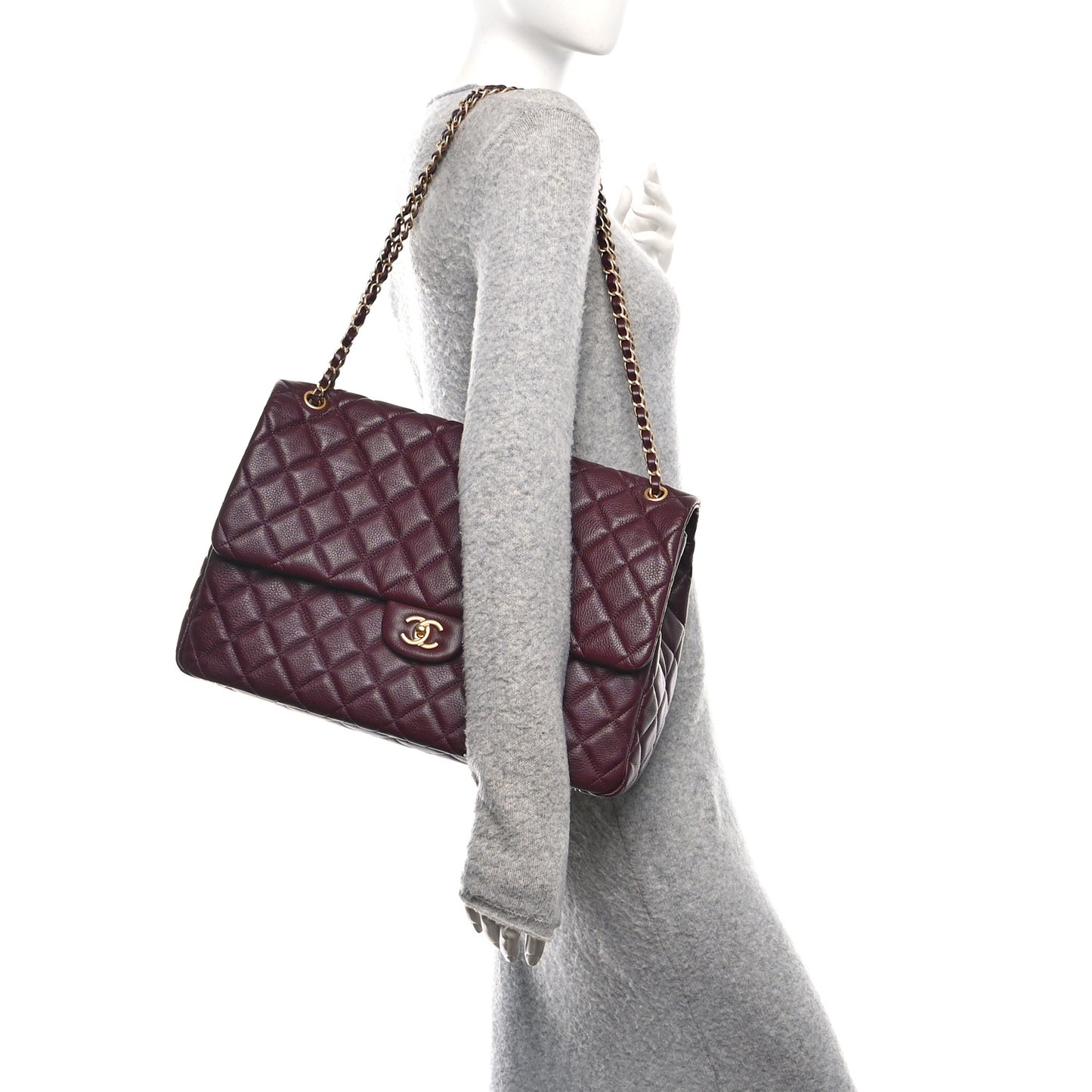 Grained Calfskin Quilted XXL Travel Flap Bag Burgundy