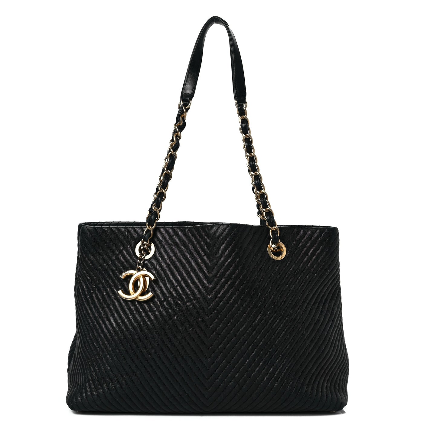 Wrinkled Lambskin Chevron Quilted Large Surpique Tote Black