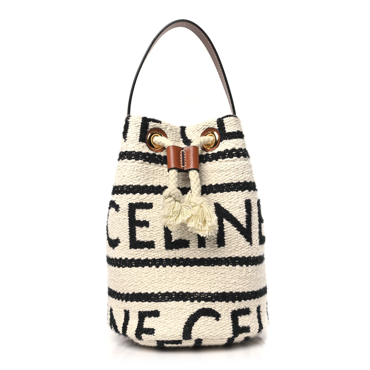 All Over Textile Calfskin Striped Teen Drawstring Bag White Black