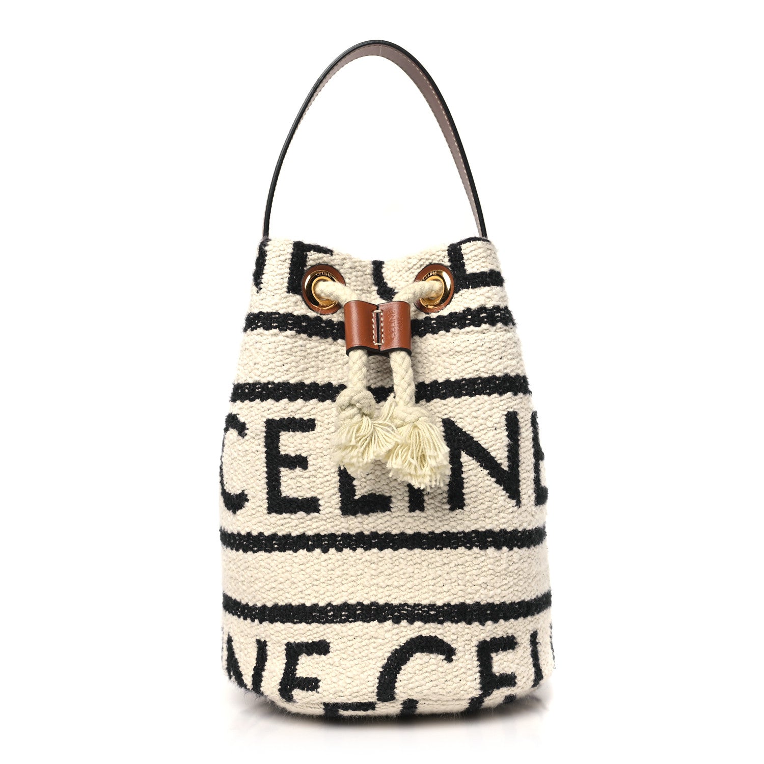 Celine All Over Textile Calfskin Striped Teen Drawstring Bag White Black 1 of 10