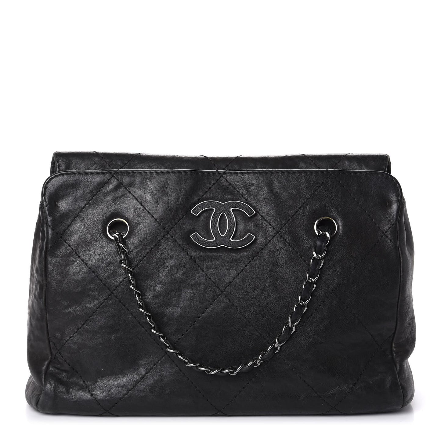 Washed Calfskin Diamond Stitch Large Hamptons Shopping Tote Black