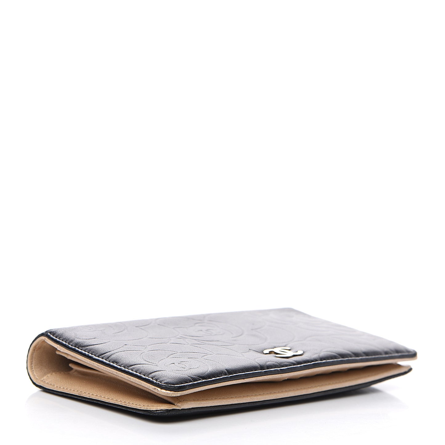 Lambskin Camellia Embossed Yen Wallet Black