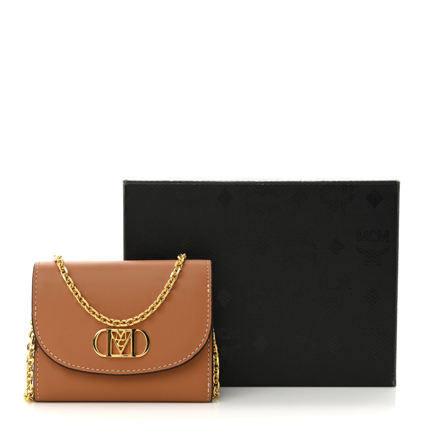 Calfskin Mode Mini Travia Chain Wallet Cognac