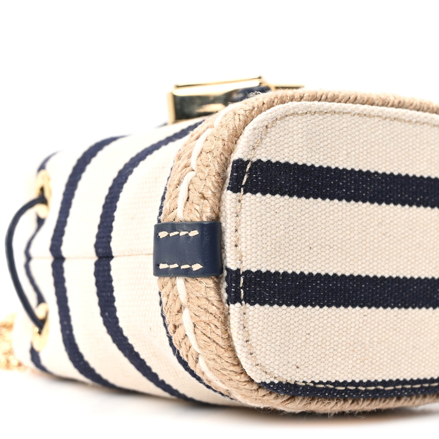 Prada Canvas Stripe Metal Triangle Logo Mini Drawcord Pouch Shoulder Bag Avorio Blue 9 of 10