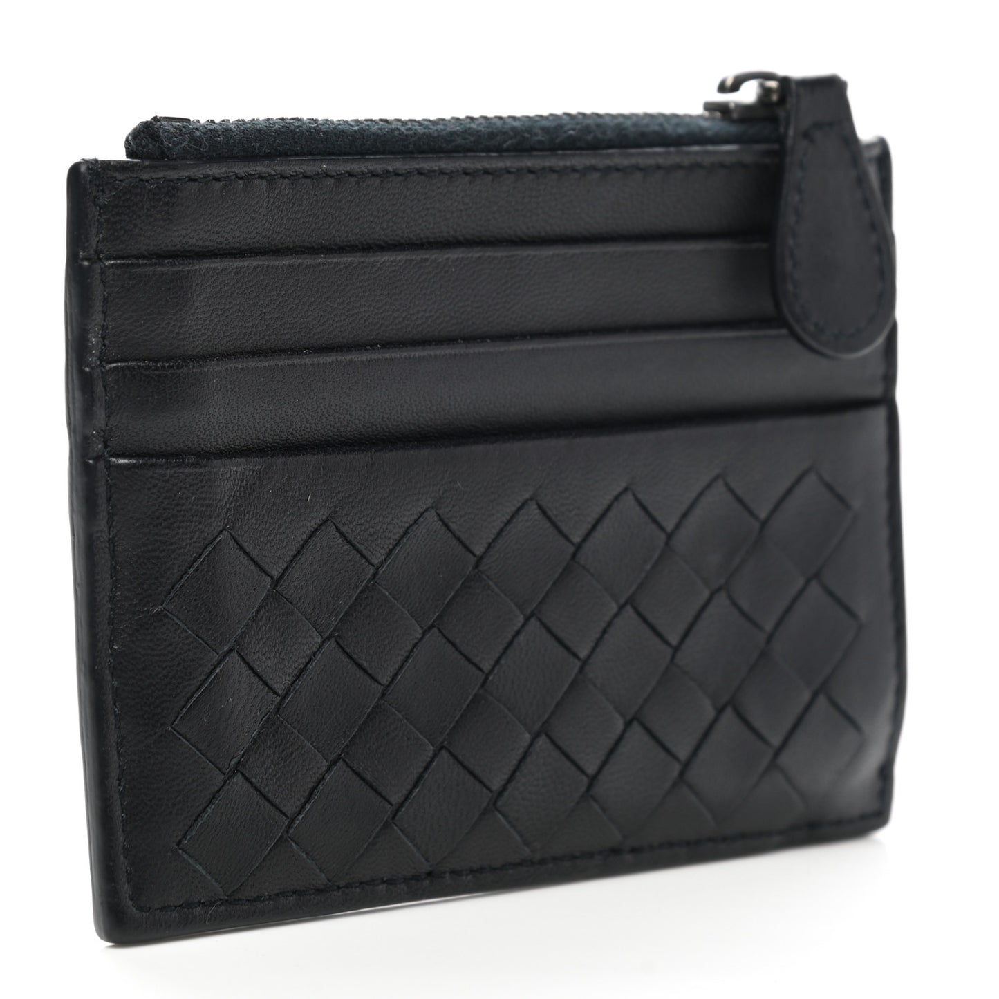 Calfskin Intrecciato Zip Card Holder Black