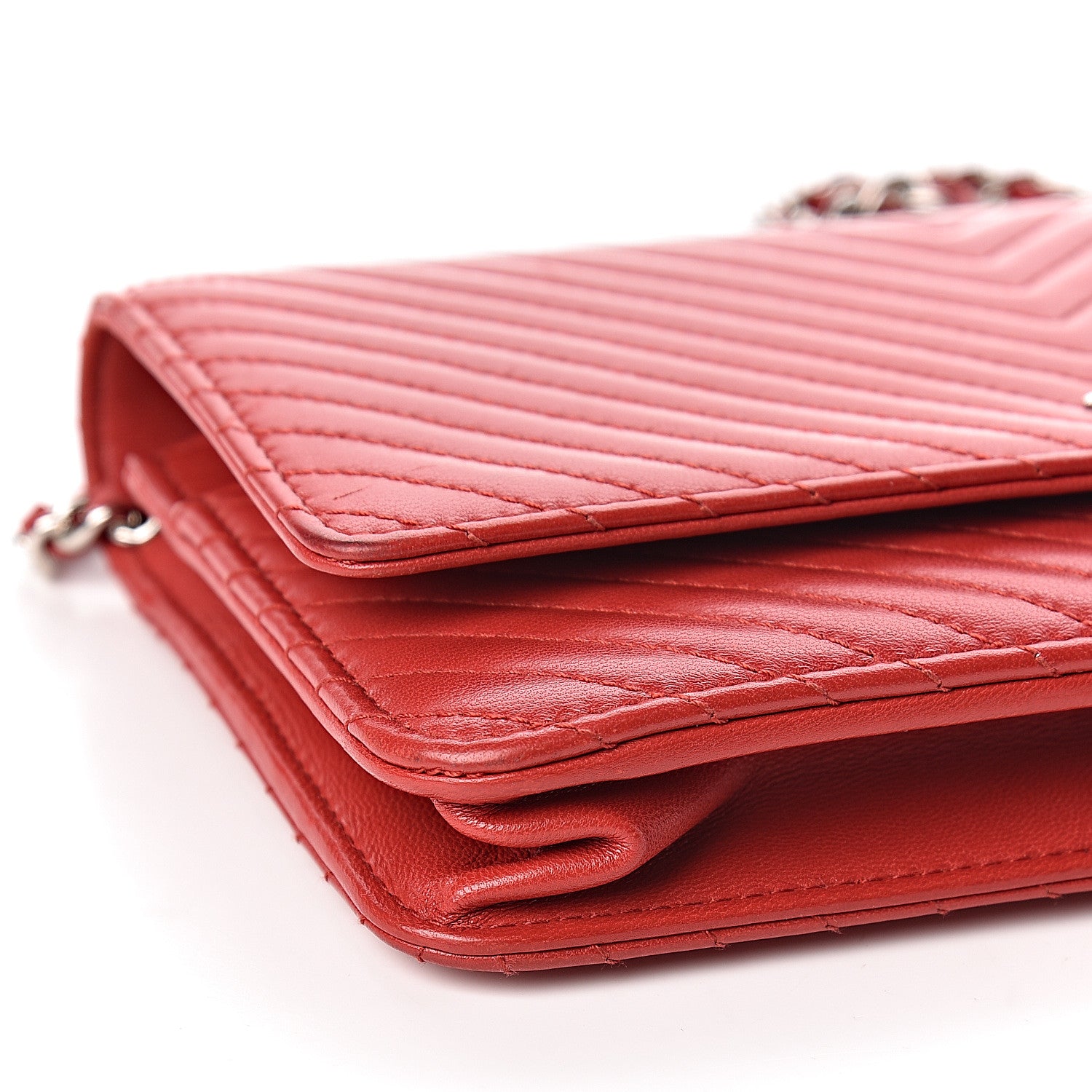 Chanel Lambskin Chevron Quilted Wallet On Chain WOC Red 9 of 15