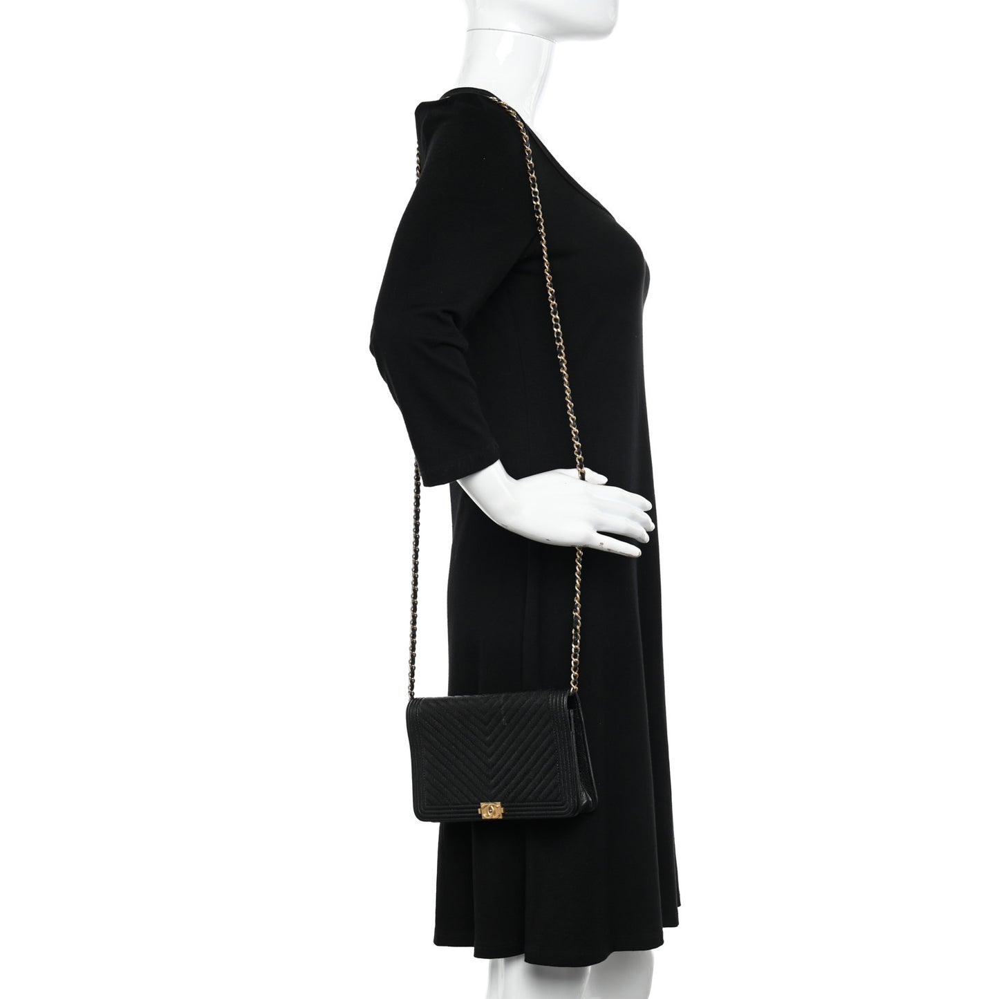 Caviar Chevron Quilted Boy Wallet On Chain WOC Black