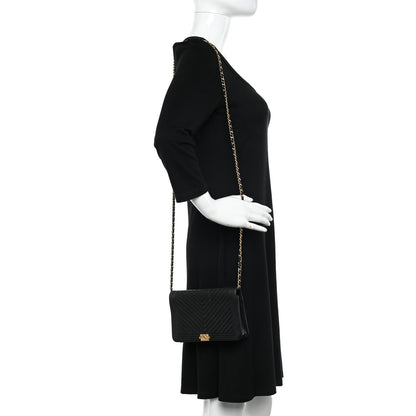 Chanel Caviar Chevron Quilted Boy Wallet On Chain WOC Black 2 of 11