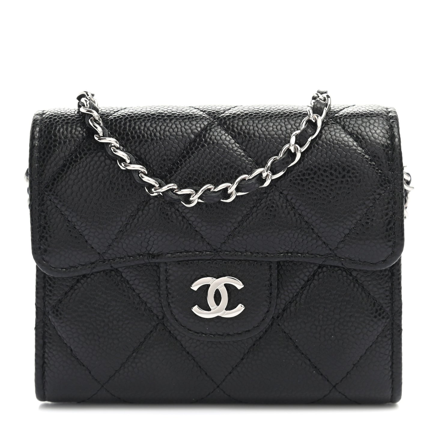 Caviar Quilted Flap Card Holder On Chain Black