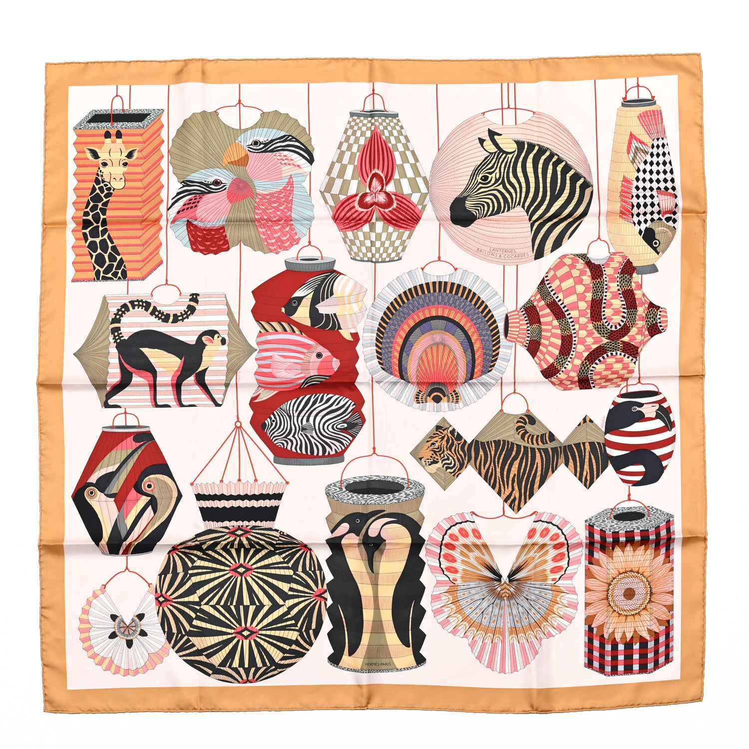 Hermes Silk Lanternes Ballons et Cocardes Scarf 90 Beige Rose Nacre Bordeaux 1 of 5