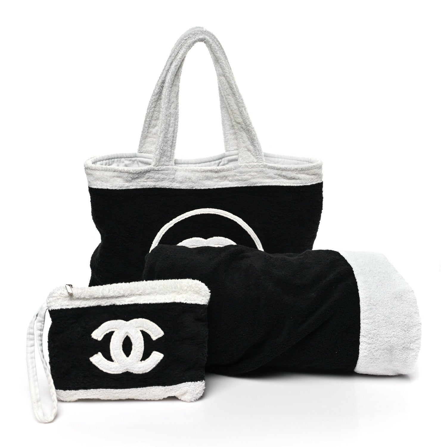 Chanel Terry Cotton CC Beach Tote Towel Set Black White 3 of 12