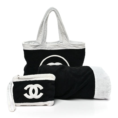 Chanel Terry Cotton CC Beach Tote Towel Set Black White 3 of 12