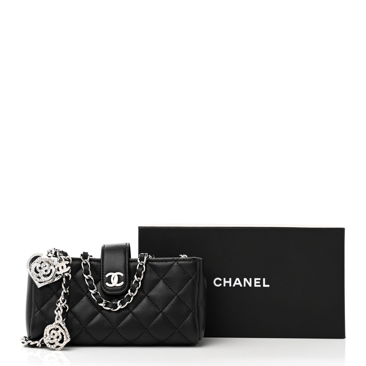 Chanel Lambskin Quilted Crystal Valentine Charms Mini Phone Holder Crossbody Bag Black 10 of 10