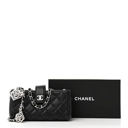Chanel Lambskin Quilted Crystal Valentine Charms Mini Phone Holder Crossbody Bag Black 10 of 10