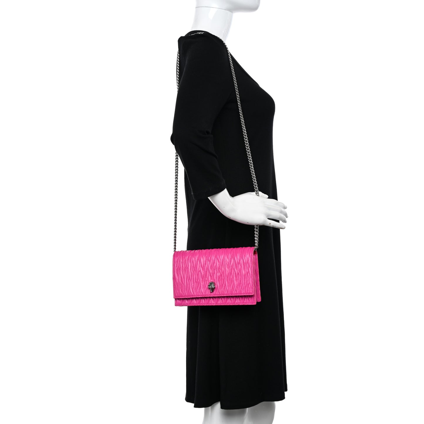 Lambskin Pleated Skull Small Chain Crossbody Bag Fuchsia