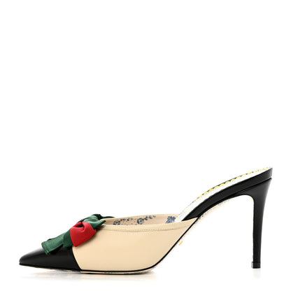 Gucci Malaga Kid Web Bow Mid Heel Mules 38.5 Black Vintage White 1 of 10