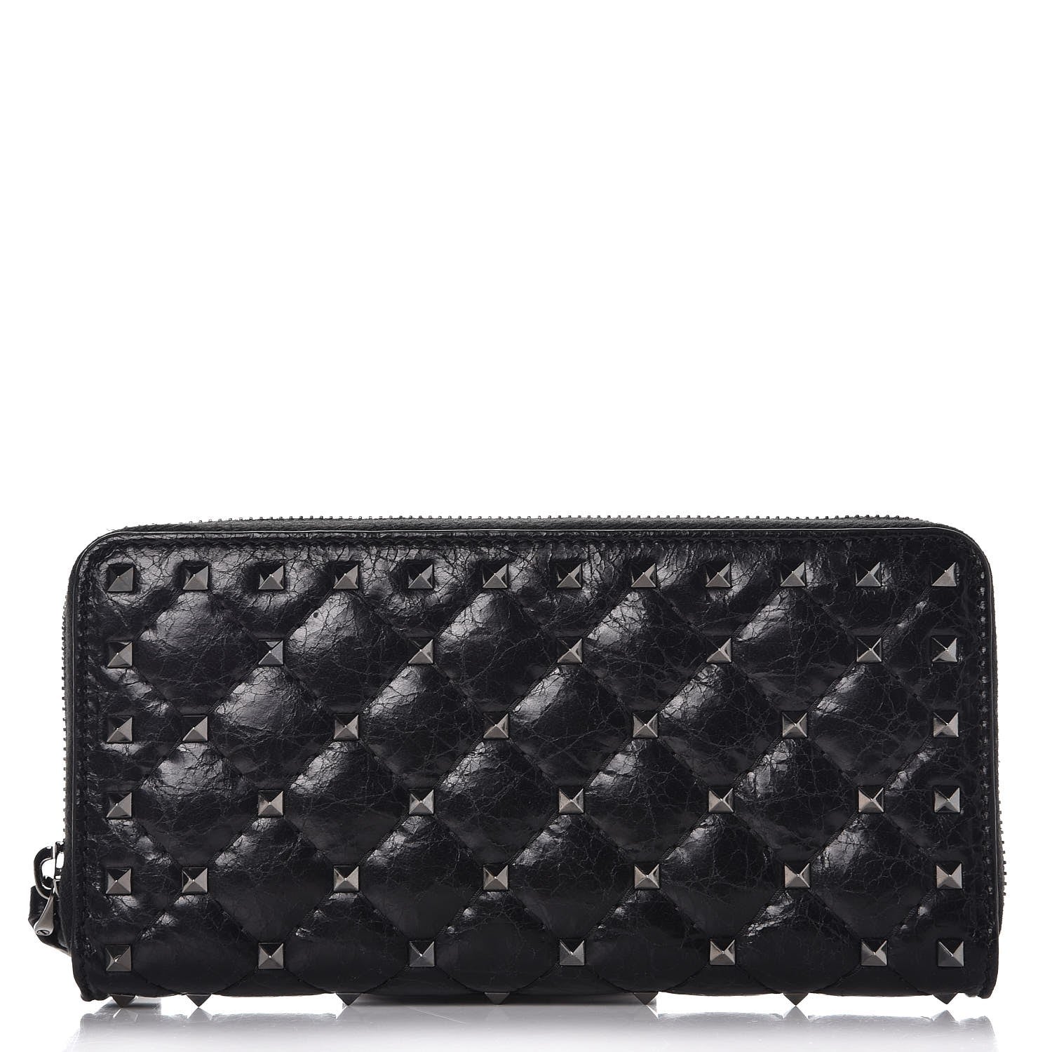 Valentino Garavani Craquele Nappa Rockstud Spike Zip Around Wallet Black 1 of 7