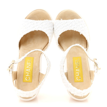 Chanel Tweed Cork CC Wedge Sandals 36.5 White 2 of 10