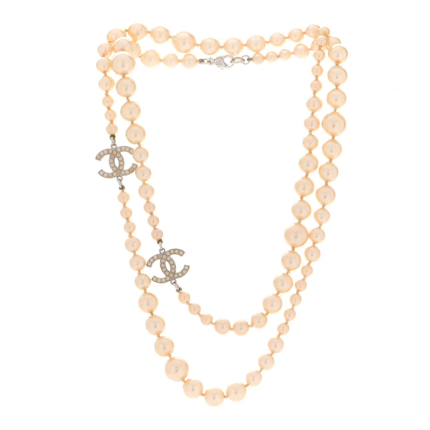 Graduated Pearl CC Long Necklace Silver
