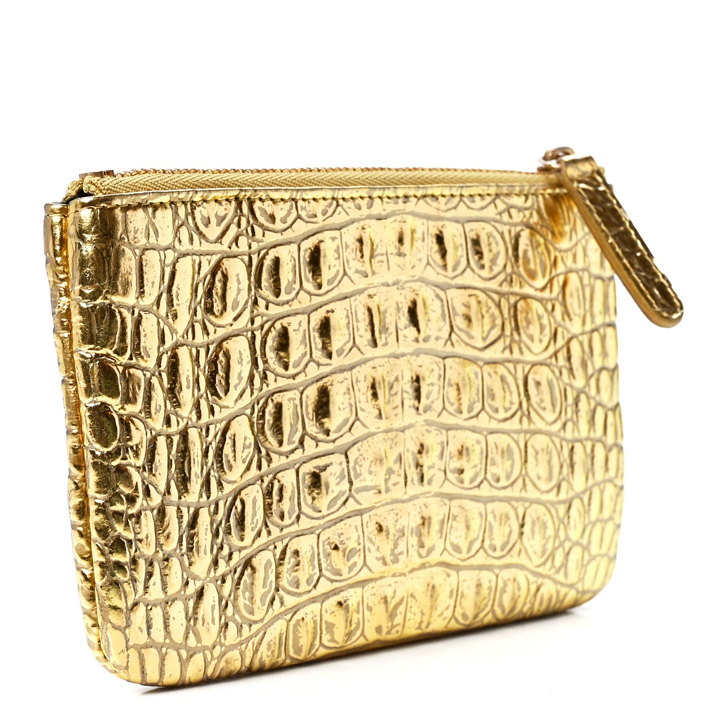 Metallic Calfskin Crocodile Embossed Cocodile Small Cosmetic Case Gold