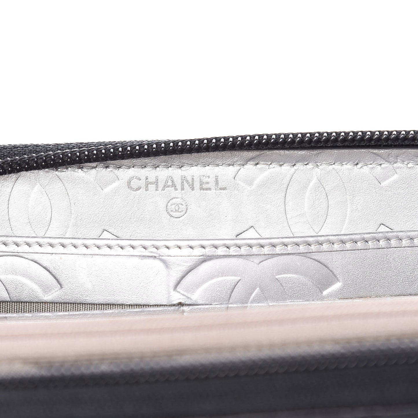Calfskin Quilted Cambon Large Gusset Zip Around Wallet Black Silver