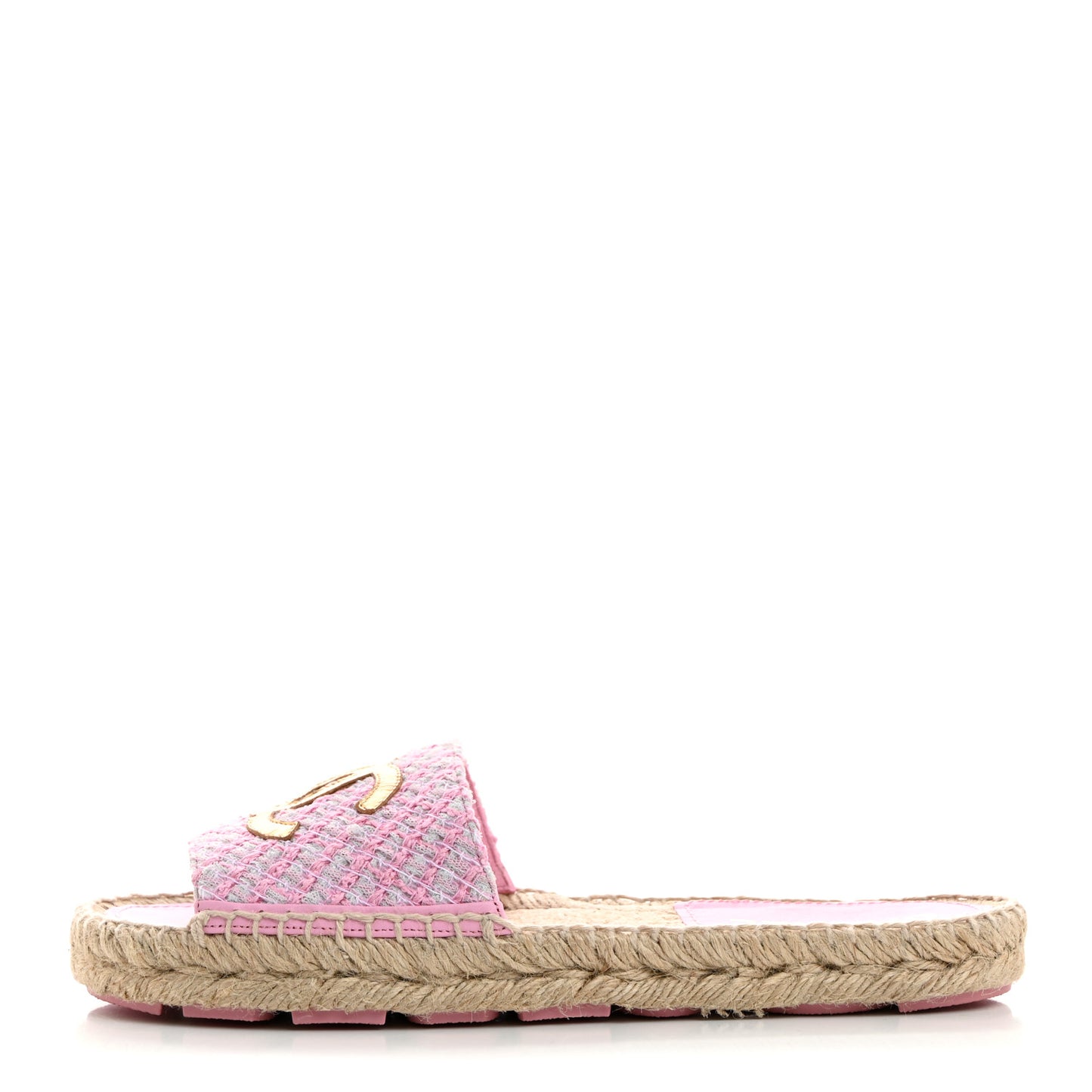 Tweed Laminated Lambskin CC Slide Sandals 38 Light Pink Gold