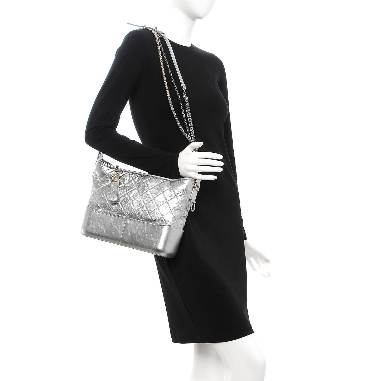 Metallic Aged Calfskin Quilted Medium Gabrielle Silver