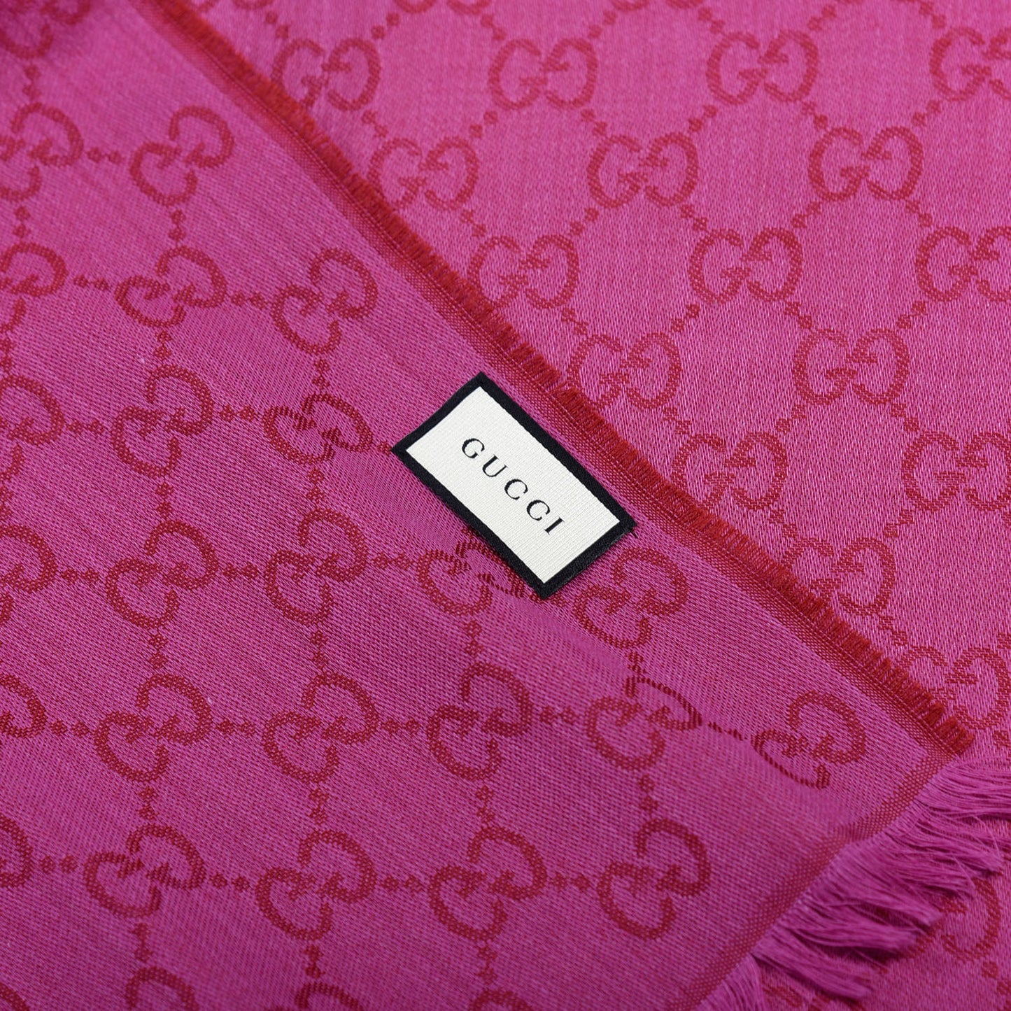 Wool Silk GG Monogram GGWeblong Fringe Scarf Shawl Red Pink