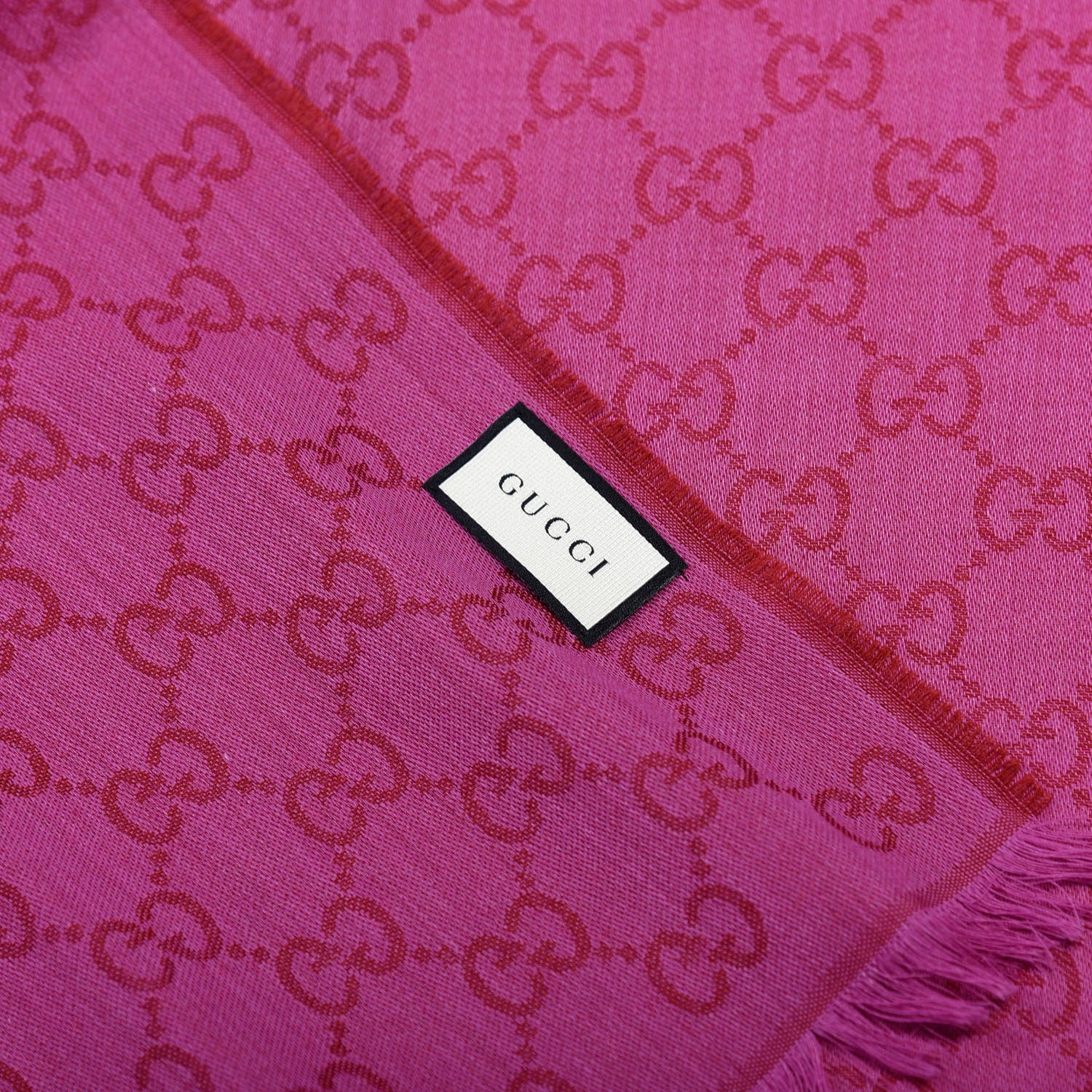 Gucci Wool Silk GG Monogram GGWeblong Fringe Scarf Shawl Red Pink 3 of 3