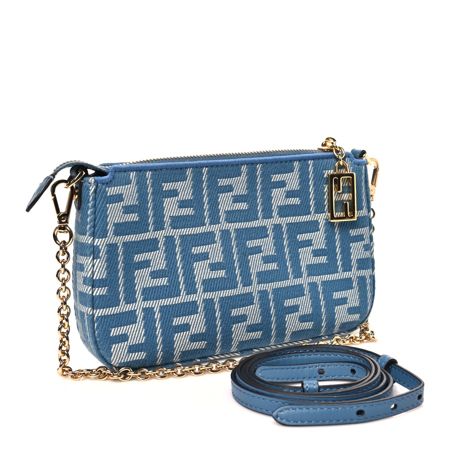 Denim Effect Fabric Jacquard FF Baguette Pouch Blue