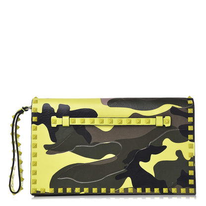 Valentino Garavani Nappa Canvas Camouflage Rockstud Wristlet Clutch Yellow Fluo Green 1 of 12