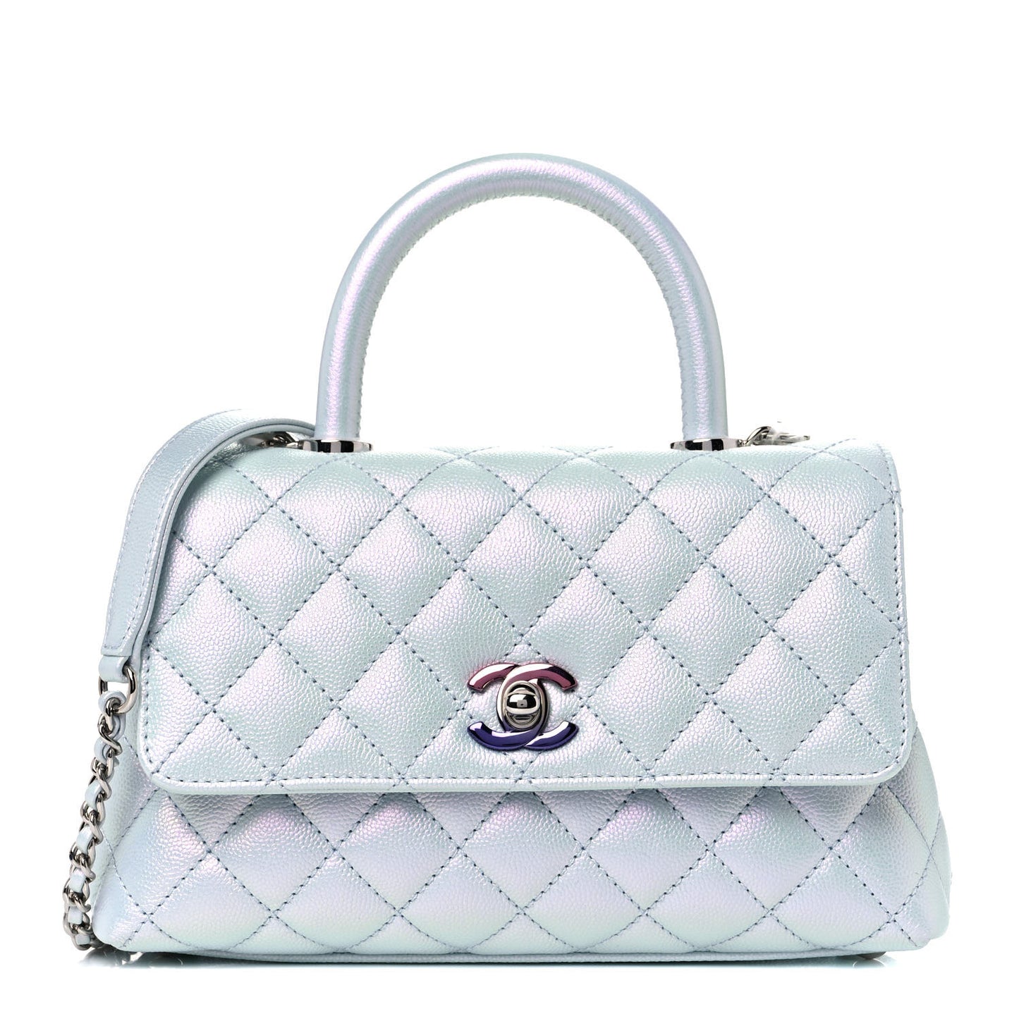 Iridescent Caviar Quilted Mini Coco Handle Flap Light Blue