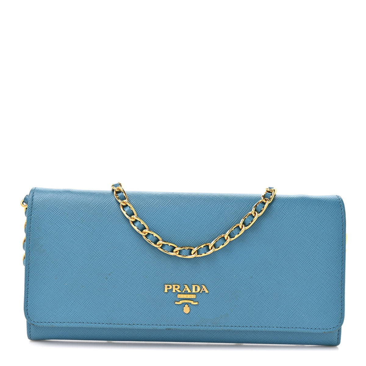 Saffiano Metal Oro Chain Wallet Celeste