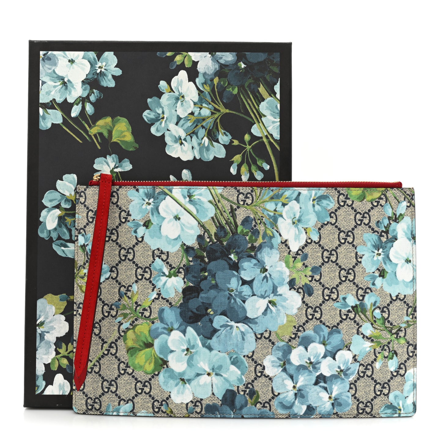 GG Supreme Monogram Blooms Suede Large Zip Pouch Blue