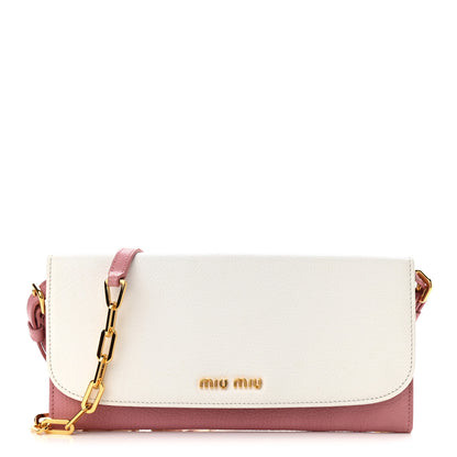 Miu Miu Goatskin Madras Bi-Color Wallet On Chain White Pink 1 of 12