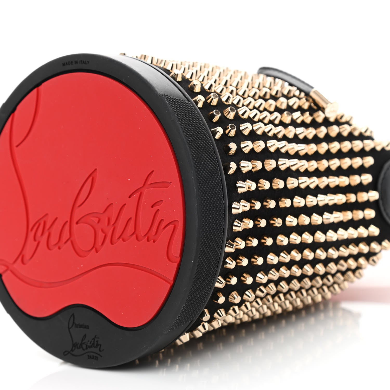 Christian Louboutin Silk Satin Calfskin Marie Jane Loubirun Studded Bucket Black Gold Platine 11 of 12