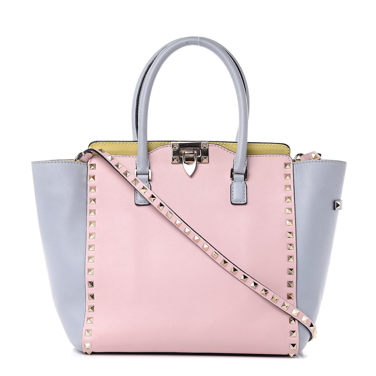 Vitello Watercolor Rockstud Double Handle Tote Rose Green Yellow Sky