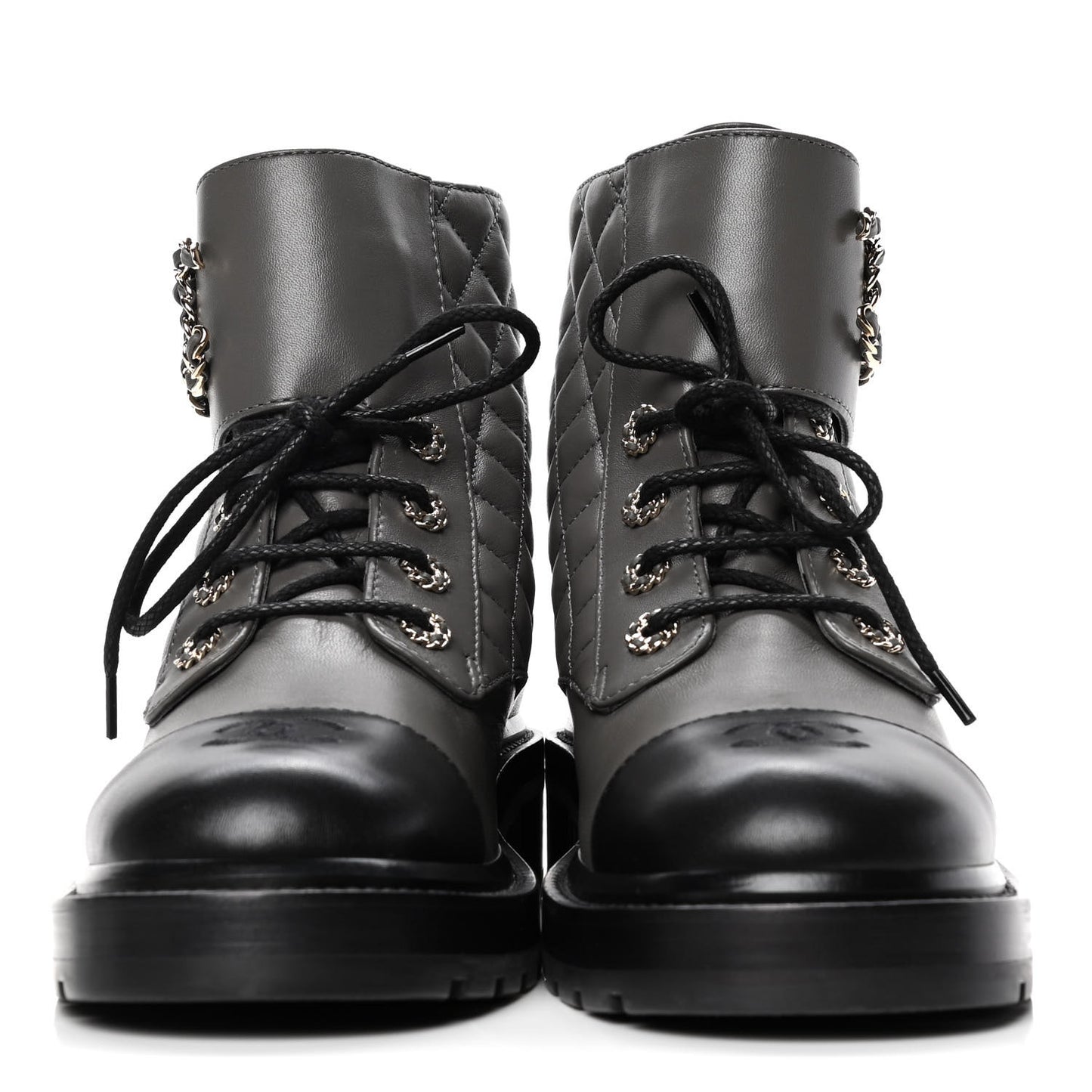 Shiny Lambskin Quilted Lace Up Combat Boots 40.5 Grey Black